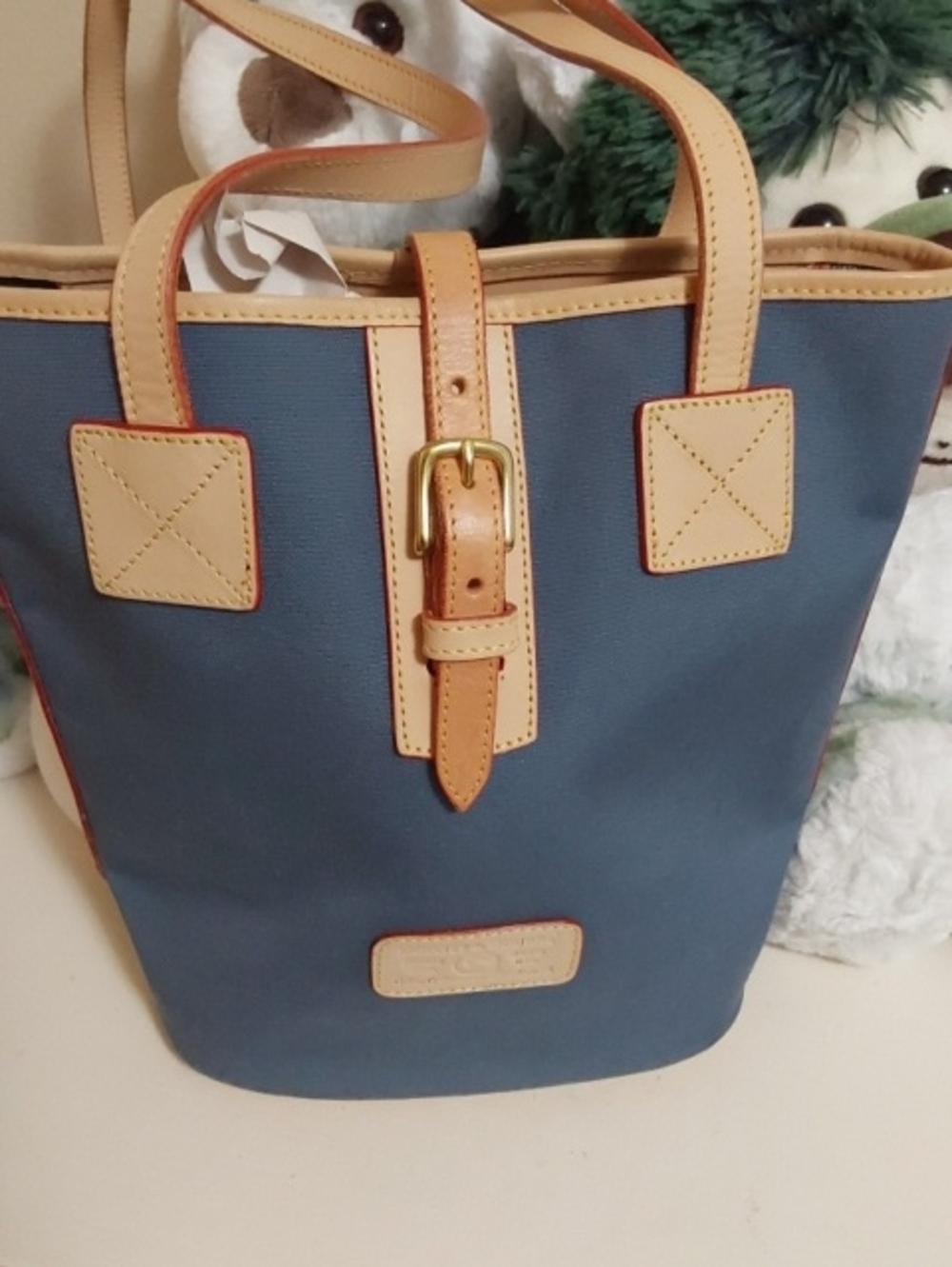 GUC Dooney & Bourke Sample Bucket Bag Blue Canvas With Tan Trim